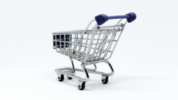 Gray and blue stainless steel shopping cart